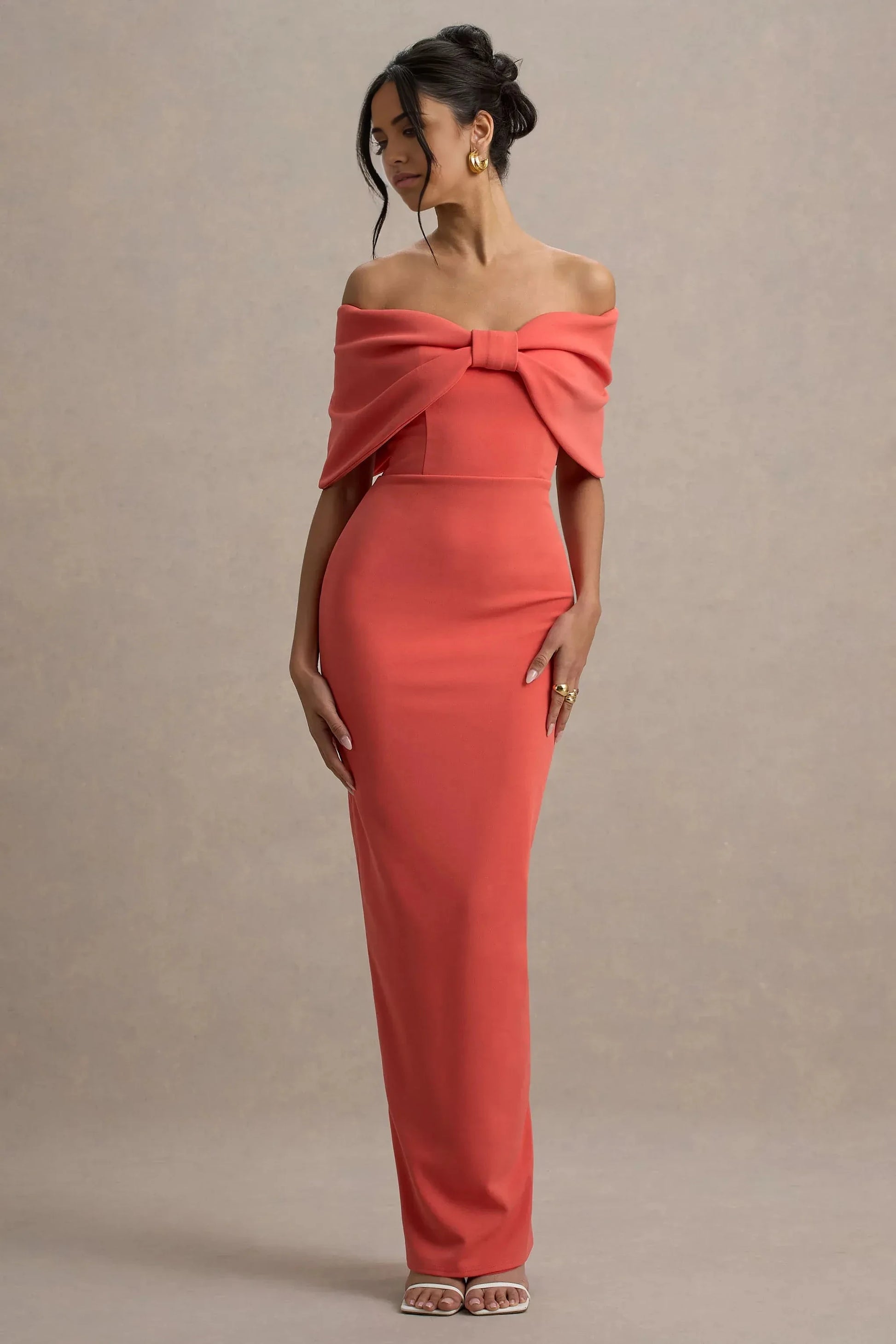 Daring Sheath Off Shoulder Bow Accent Sleeveless Back Slit Floor Length Evening Dress by YiHuiw