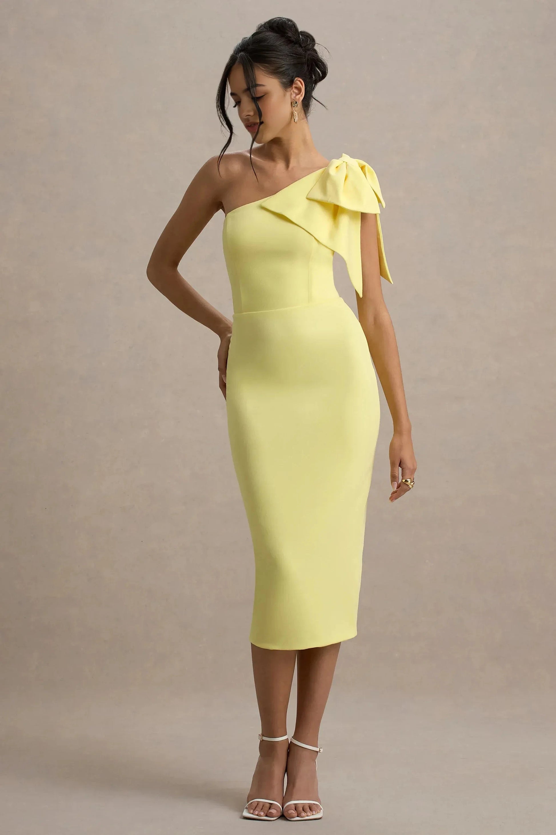 Daring Sheath One Shoulder Single Bow Accent Midi Prom Dress by YiHuiw