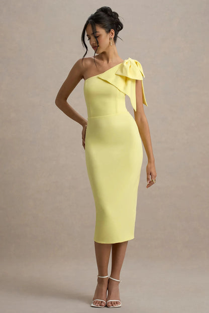 Daring Sheath One Shoulder Single Bow Accent Midi Prom Dress by YiHuiw