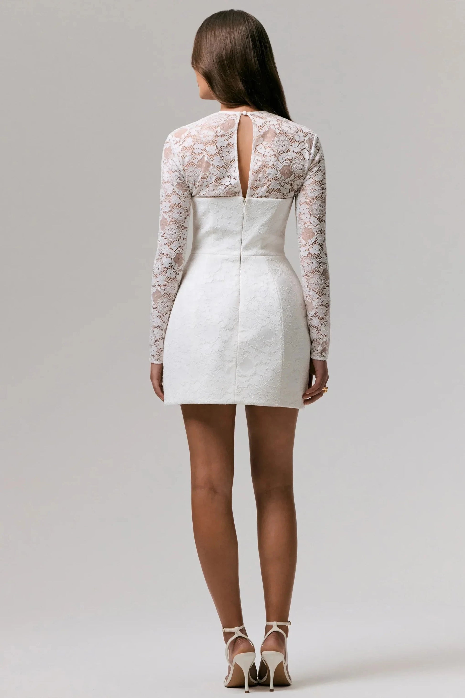 Daring Sheath Square Neck Long Sleeve Lace Accent Keyhole Back Short Prom Dress by YiHuiw