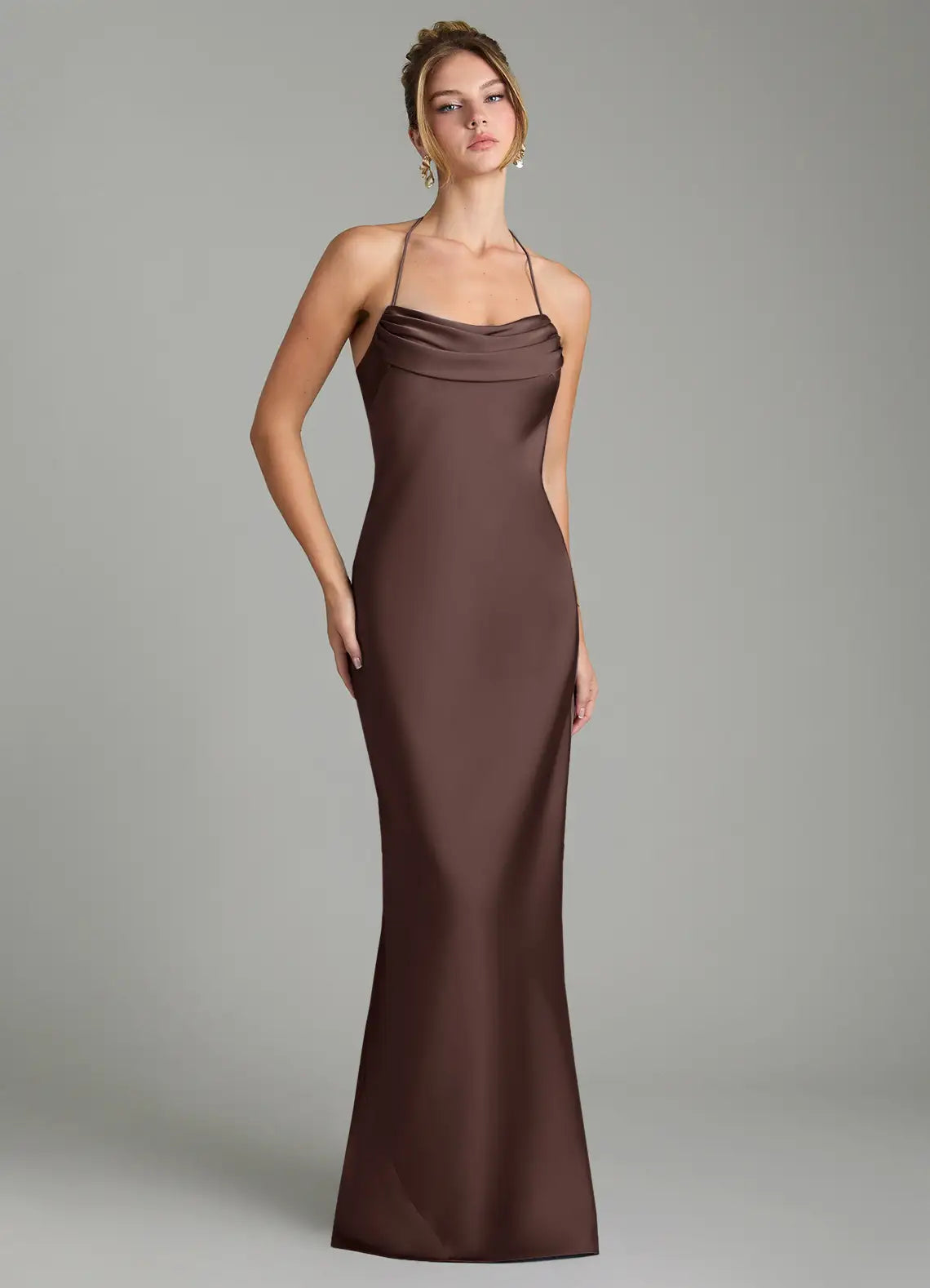 Brown Mermaid Halter Satin Cutout Floor-Length Wedding Dress - Yihuiw by Yihuiw