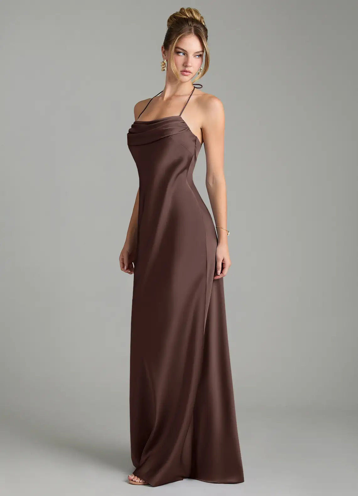 Brown Mermaid Halter Satin Cutout Floor-Length Wedding Dress - Yihuiw by Yihuiw