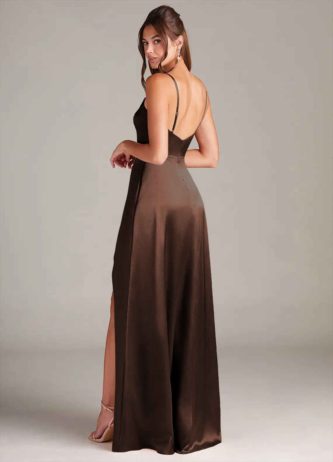 Brown Mermaid Spaghetti Strap Satin High Slit Floor-Length Wedding Dress - Yihuiw by Yihuiw