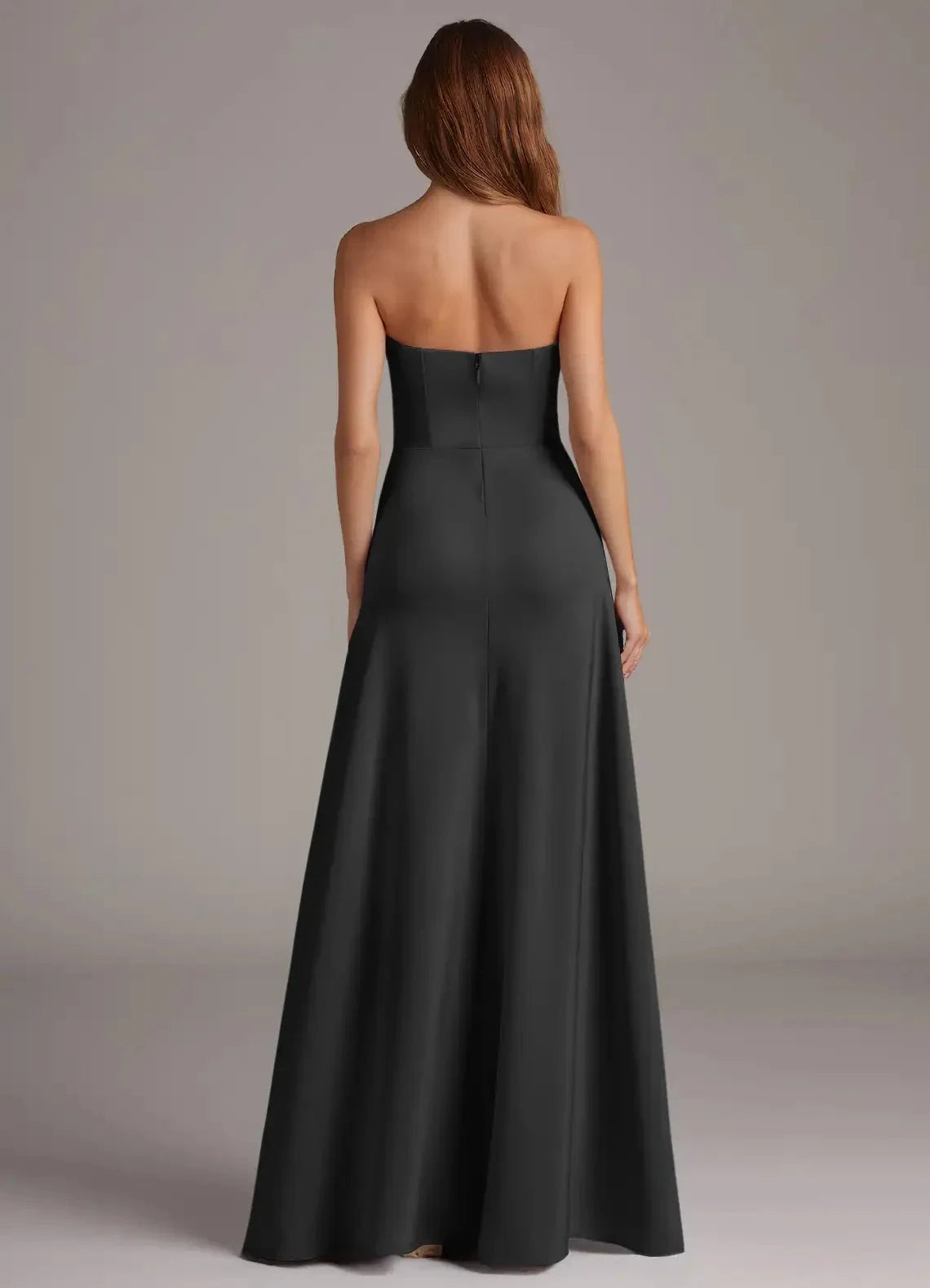 Dark Gray Asymmetrical Strap Maxi Dress with Open Back Black A-Line Strapless Stretch Satin Convertible Dress Bridesmaid Dresses by YiHuiw