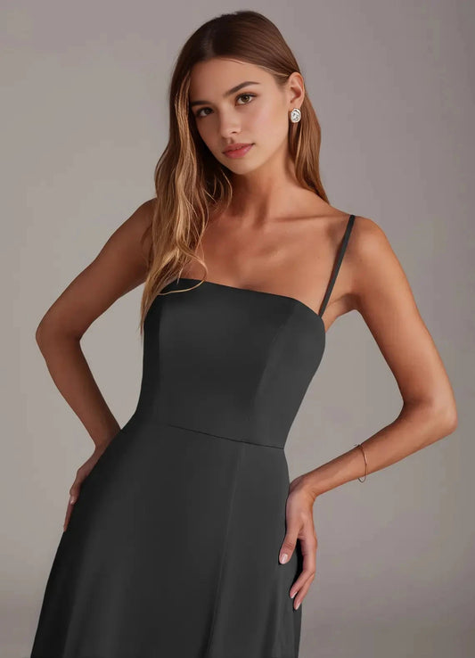 Dark Gray Asymmetrical Strap Maxi Dress with Open Back Black A-Line Strapless Stretch Satin Convertible Dress Bridesmaid Dresses by YiHuiw
