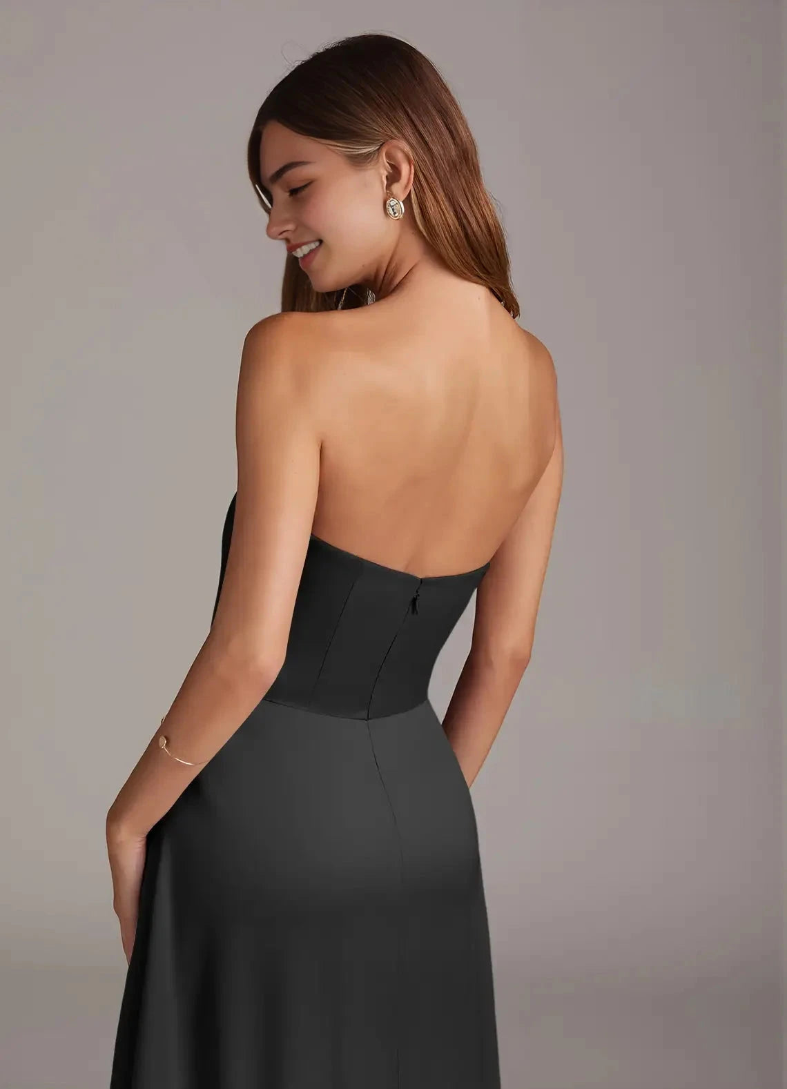 Dark Gray Asymmetrical Strap Maxi Dress with Open Back Black A-Line Strapless Stretch Satin Convertible Dress Bridesmaid Dresses by YiHuiw