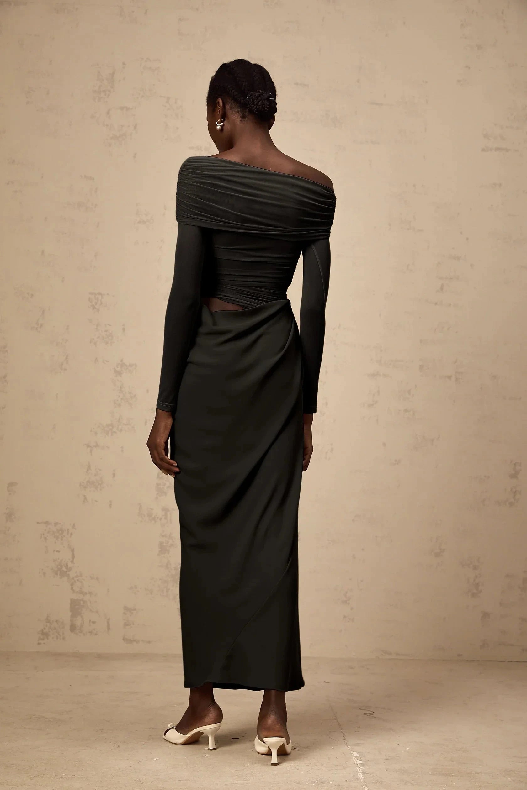 Dark Grey Off - Shoulder Cut - Out Maxi Dress off-shoulder semi-sheer midi dress in Black Evening Dress by YiHuiw