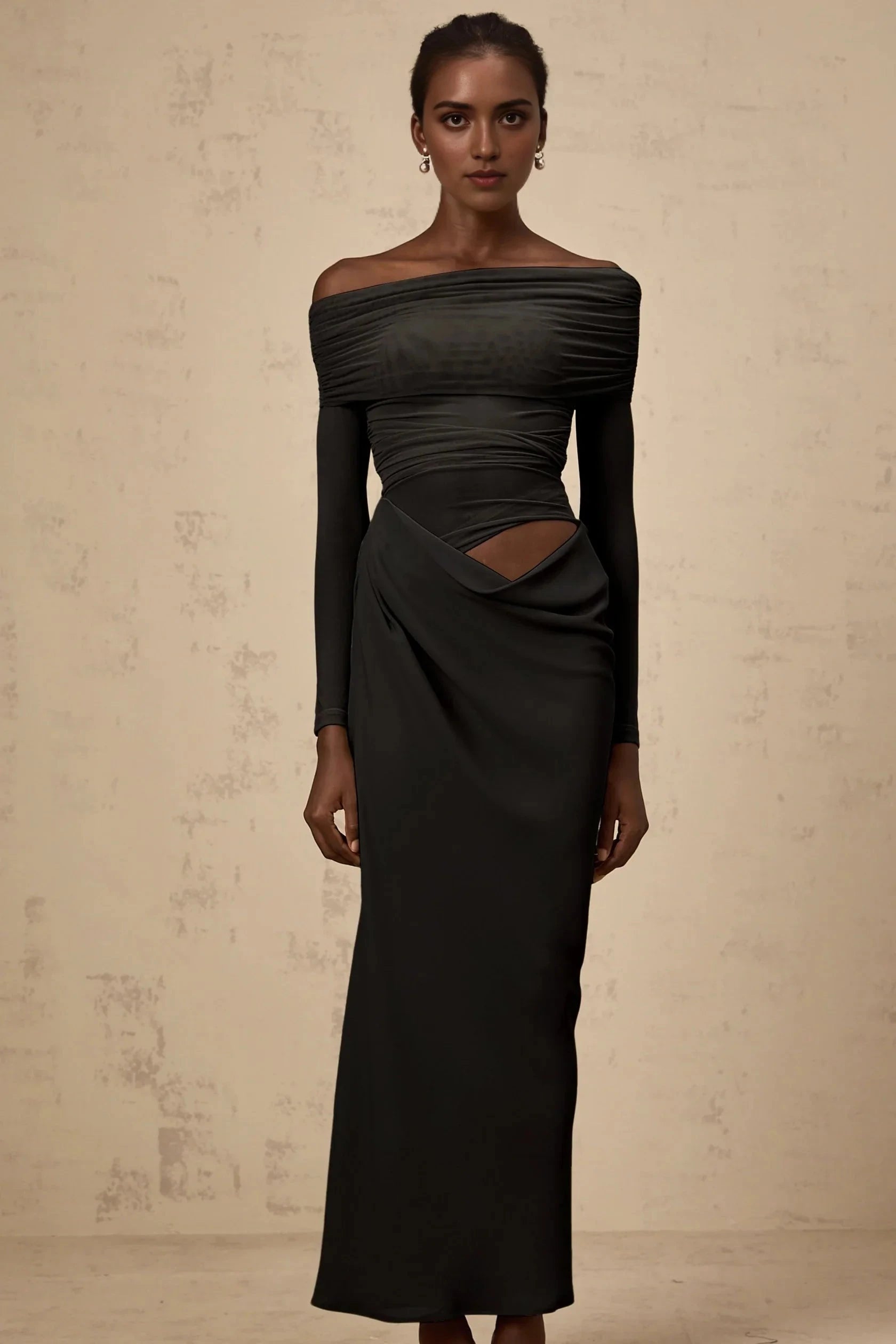 Dark Grey Off - Shoulder Cut - Out Maxi Dress off-shoulder semi-sheer midi dress in Black Evening Dress by YiHuiw