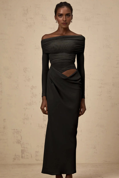 Dark Grey Off - Shoulder Cut - Out Maxi Dress off-shoulder semi-sheer midi dress in Black Evening Dress by YiHuiw