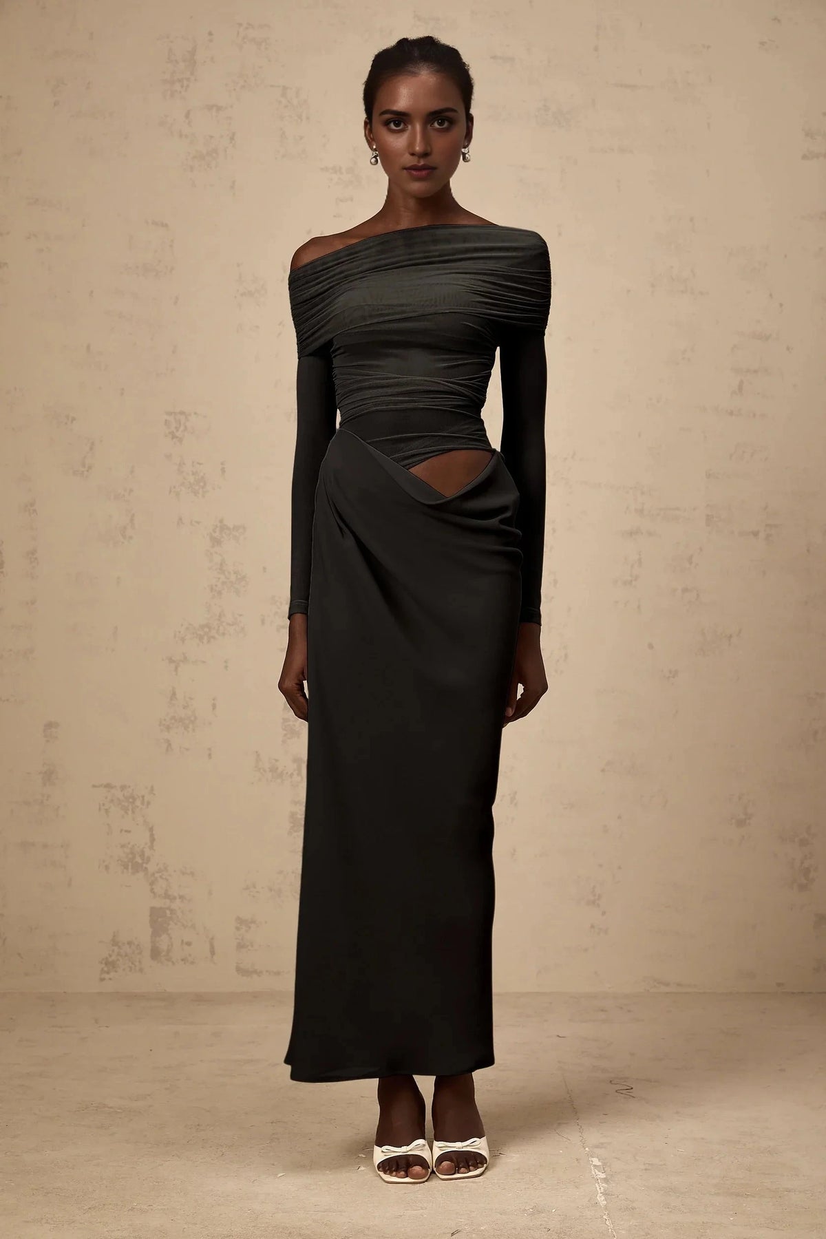 Dark Grey Off - Shoulder Cut - Out Maxi Dress off-shoulder semi-sheer midi dress in Black Evening Dress by YiHuiw