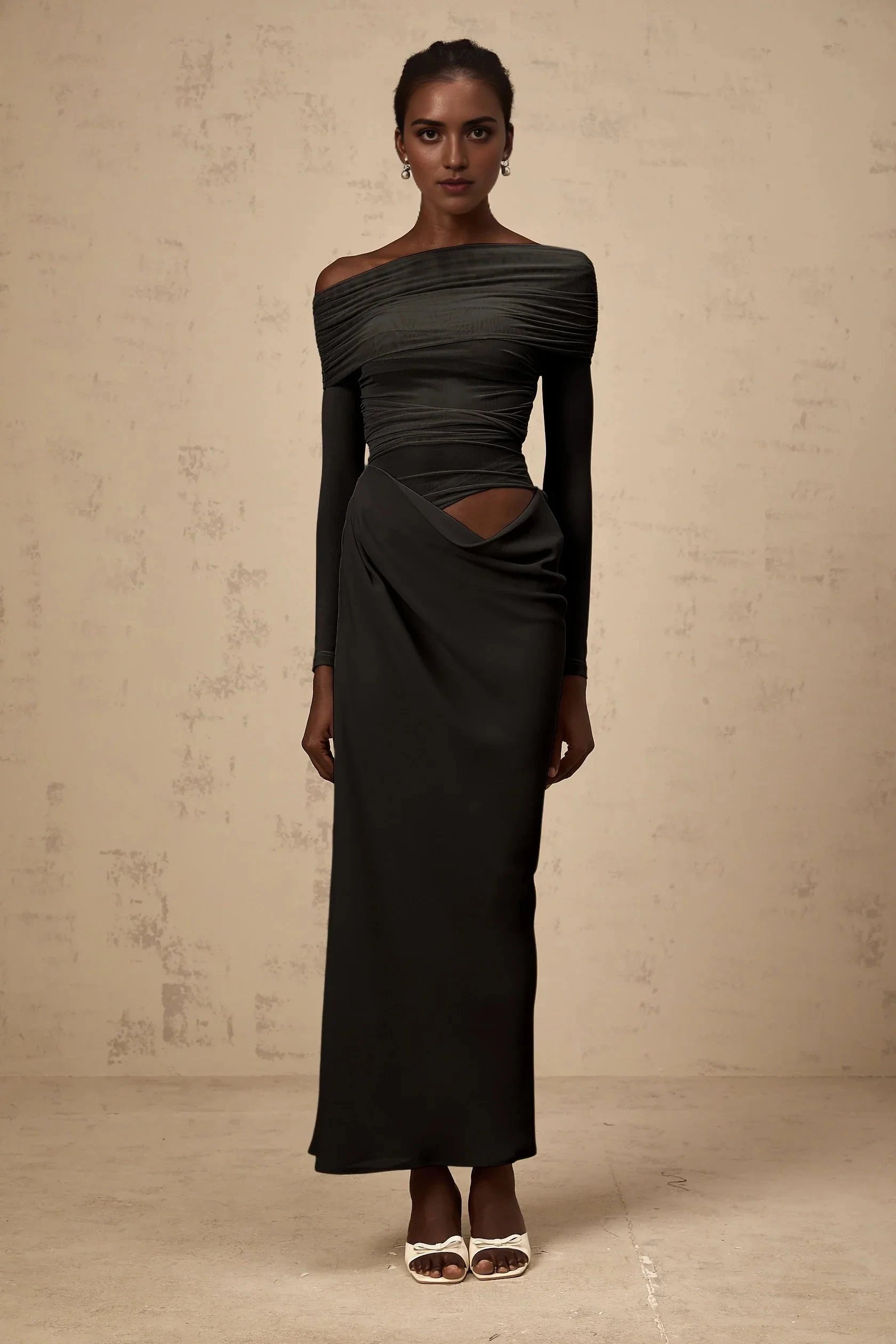 Dark Grey Off - Shoulder Cut - Out Maxi Dress off-shoulder semi-sheer midi dress in Black Evening Dress by YiHuiw