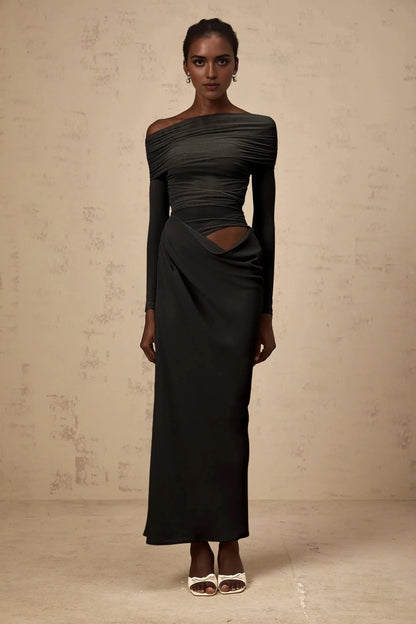 Dark Grey Off - Shoulder Cut - Out Maxi Dress off-shoulder semi-sheer midi dress in Black Evening Dress by YiHuiw
