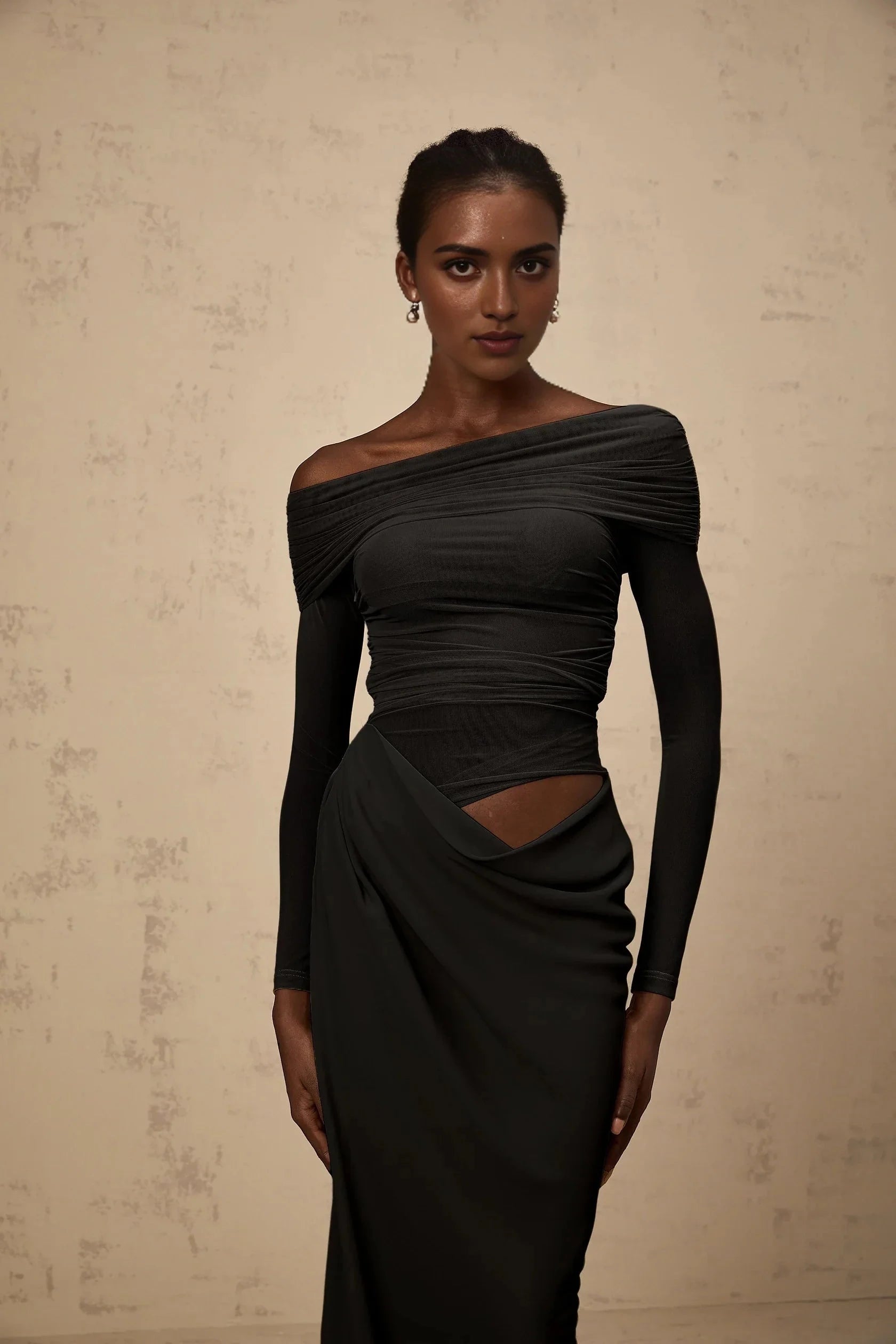 Dark Grey Off - Shoulder Cut - Out Maxi Dress off-shoulder semi-sheer midi dress in Black Evening Dress by YiHuiw