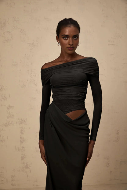 Dark Grey Off - Shoulder Cut - Out Maxi Dress off-shoulder semi-sheer midi dress in Black Evening Dress by YiHuiw