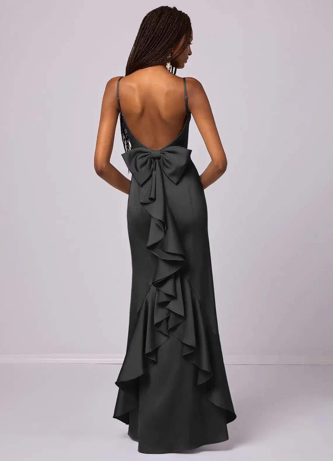 Dark Grey Satin Open-Back Maxi Dress with Bow and Ruffle Detail Mermaid Bow Stretch Satin Dress black Bridesmaid Dresses by YiHuiw