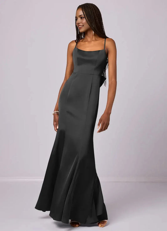 Dark Grey Satin Open-Back Maxi Dress with Bow and Ruffle Detail Mermaid Bow Stretch Satin Dress black Bridesmaid Dresses by YiHuiw