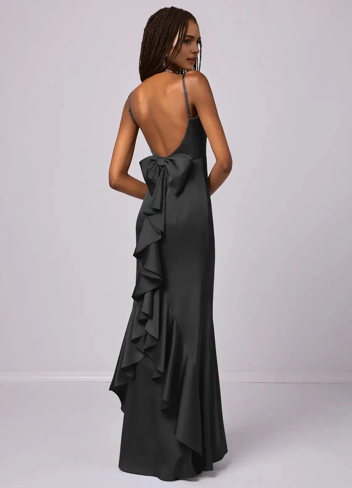 Dark Grey Satin Open-Back Maxi Dress with Bow and Ruffle Detail Mermaid Bow Stretch Satin Dress black Bridesmaid Dresses by YiHuiw