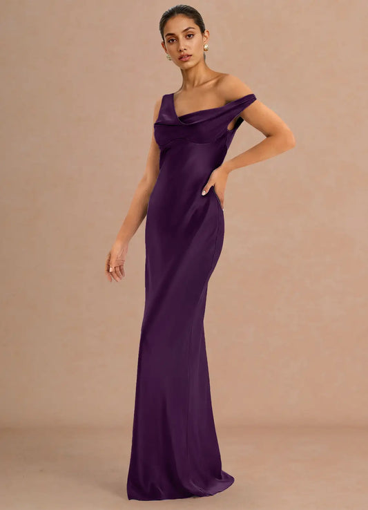 Purple Mermaid Off-Shoulder Satin Floor-Length Wedding Dress - Yihuiw by Yihuiw