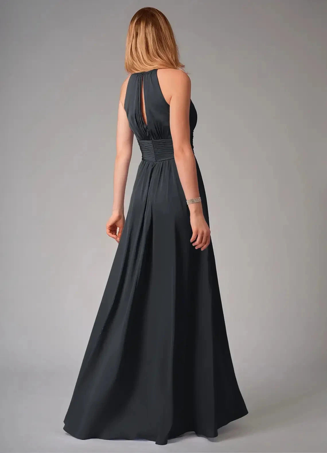 Dark Teal Halter Neck Maxi Dress with Pleated Bodice A-Line Pleated Stretch Satin Dress Bridesmaid Dresses by YiHuiw