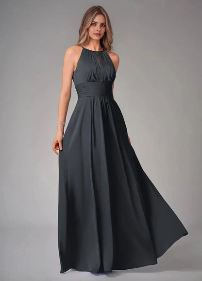 Dark Teal Halter Neck Maxi Dress with Pleated Bodice A-Line Pleated Stretch Satin Dress Bridesmaid Dresses by YiHuiw