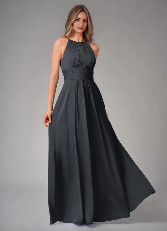 Dark Teal Halter Neck Maxi Dress with Pleated Bodice A-Line Pleated Stretch Satin Dress Bridesmaid Dresses by YiHuiw