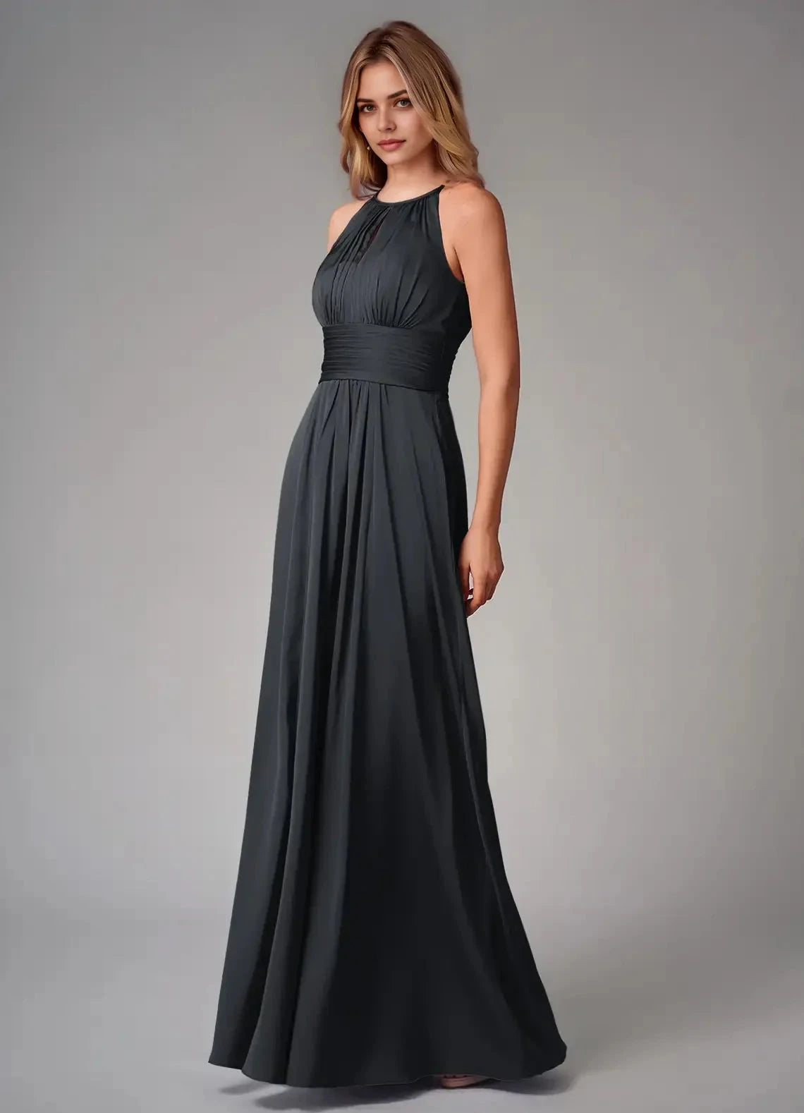 Dark Teal Halter Neck Maxi Dress with Pleated Bodice A-Line Pleated Stretch Satin Dress Bridesmaid Dresses by YiHuiw