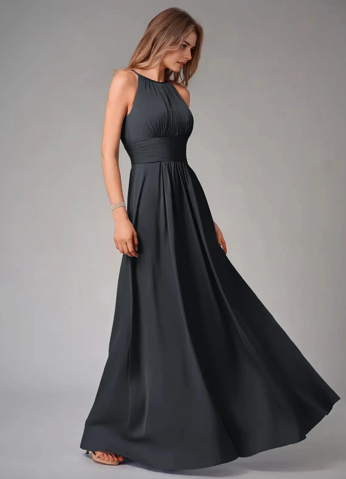 Dark Teal Halter Neck Maxi Dress with Pleated Bodice A-Line Pleated Stretch Satin Dress Bridesmaid Dresses by YiHuiw