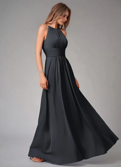 Dark Teal Halter Neck Maxi Dress with Pleated Bodice A-Line Pleated Stretch Satin Dress Bridesmaid Dresses by YiHuiw
