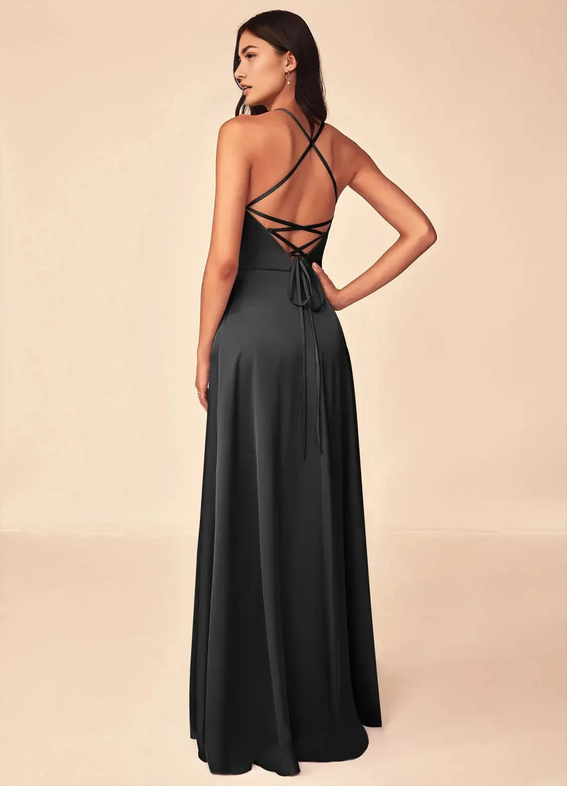 Dark Teal Spaghetti Strap Maxi Dress with Crisscross Back Black A-Line V-Neck Stretch Satin Dress Bridesmaid Dresses by YiHuiw