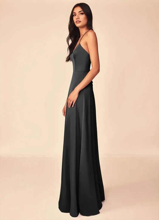 Dark Teal Spaghetti Strap Maxi Dress with Crisscross Back Black A-Line V-Neck Stretch Satin Dress Bridesmaid Dresses by YiHuiw