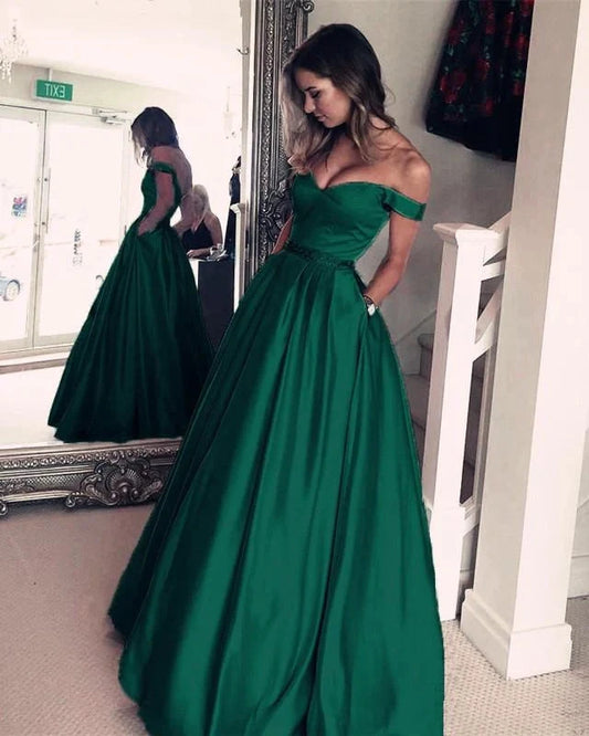 Dark Green Satin V-neck Prom Long Dresses Off Shoulder Evening Gowns Beaded Sashes simple gentle atmospheric and unique desi Bring summer colors to enhance whiteness by YiHuiw