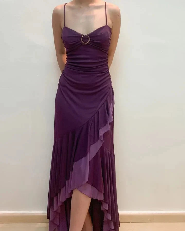 Dark Purple Spaghetti Straps Ruffled Split Prom Dress Long simple gentle atmospheric and unique desi Bring summer colors to enhance whiteness by YiHuiw