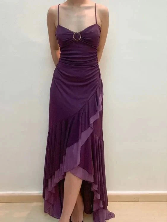 Dark Purple Spaghetti Straps Ruffled Split Prom Dress Long simple gentle atmospheric and unique desi Bring summer colors to enhance whiteness by YiHuiw