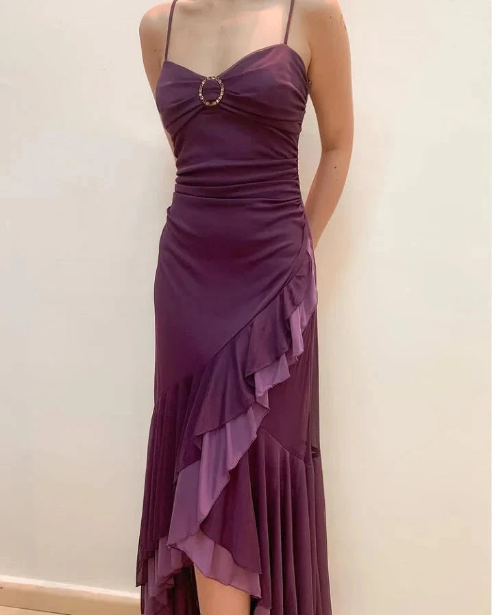 Dark Purple Spaghetti Straps Ruffled Split Prom Dress Long simple gentle atmospheric and unique desi Bring summer colors to enhance whiteness by YiHuiw