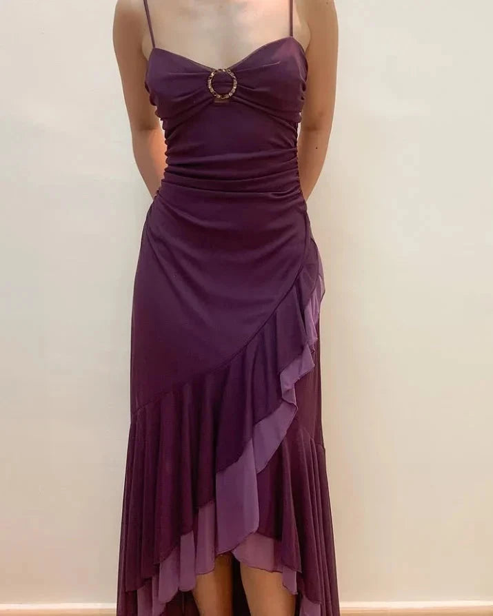 Dark Purple Spaghetti Straps Ruffled Split Prom Dress Long simple gentle atmospheric and unique desi Bring summer colors to enhance whiteness by YiHuiw