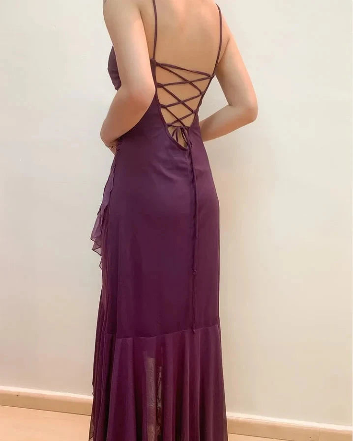 Dark Purple Spaghetti Straps Ruffled Split Prom Dress Long simple gentle atmospheric and unique desi Bring summer colors to enhance whiteness by YiHuiw