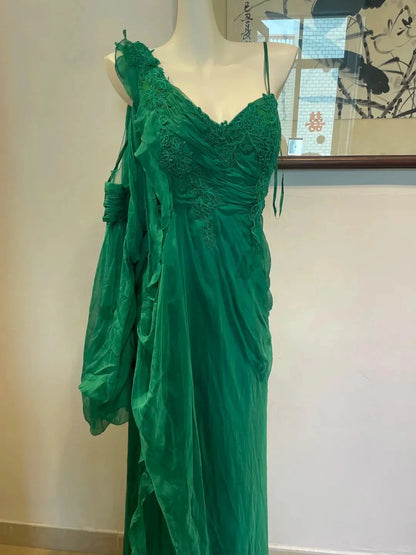 Dark green dress, made of lightweight yarn fabric, with a deep V-neck and asymmetrical floating sleeves by YiHuiw