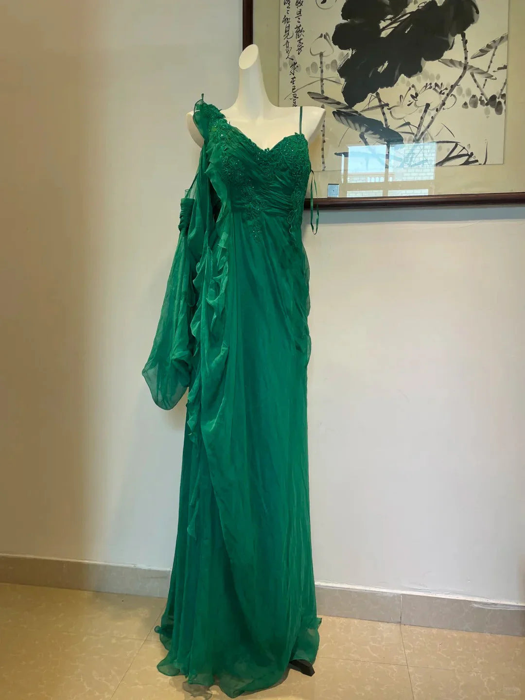 Dark green dress, made of lightweight yarn fabric, with a deep V-neck and asymmetrical floating sleeves by YiHuiw