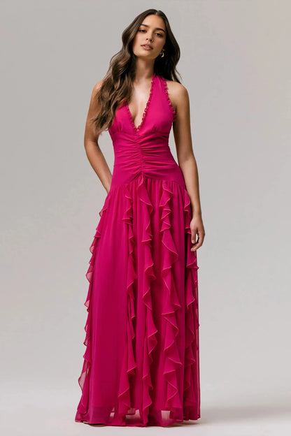 Dazzling Mermaid Halter Neck Sleeveless Open Back Ruffled Floor Length Prom Dress by YiHuiw
