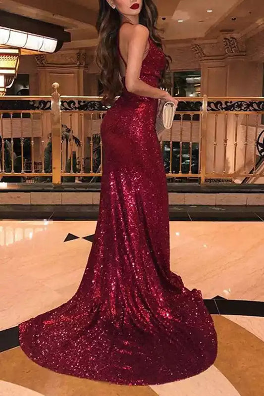 Dazzling Burgundy Sequin Mermaid Dress with Cowl Neck & High Slit