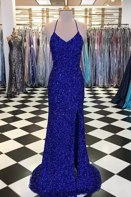 Dazzling Royal Blue Sequin Mermaid Dress with Halter Neck & Open Back