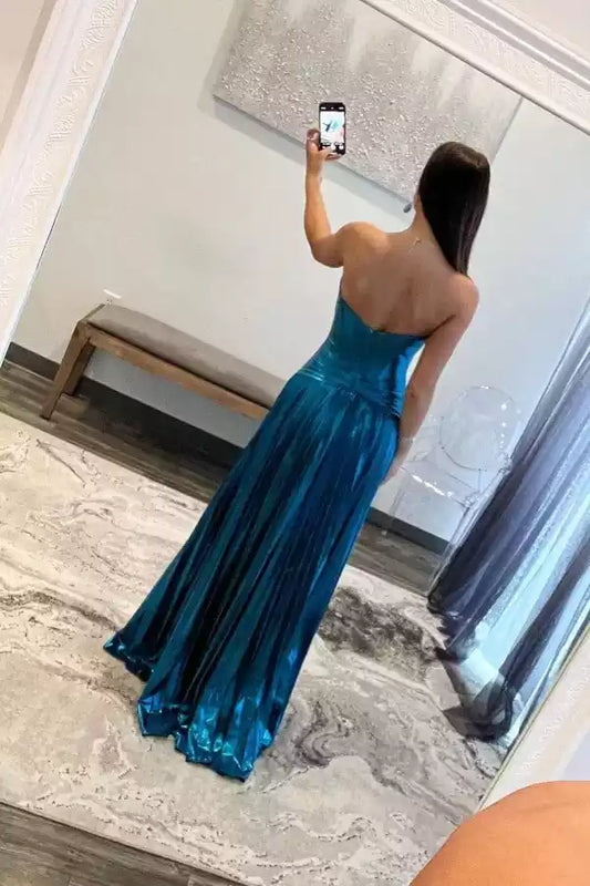 Dazzling Teal Metallic A-Line Dress with Strapless Sweetheart Neck & Cutout Bodice