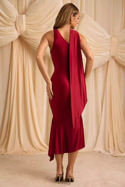 Éblouissante robe de bal asymétrique à une épaule, en maille élastique plissée brillante de haute qualité, coupe sirène avec fermeture éclair latérale dissimulée