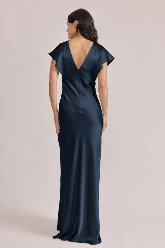 Navy Mermaid V-Neck Satin Wedding Dress - Yihuiw by Yihuiw