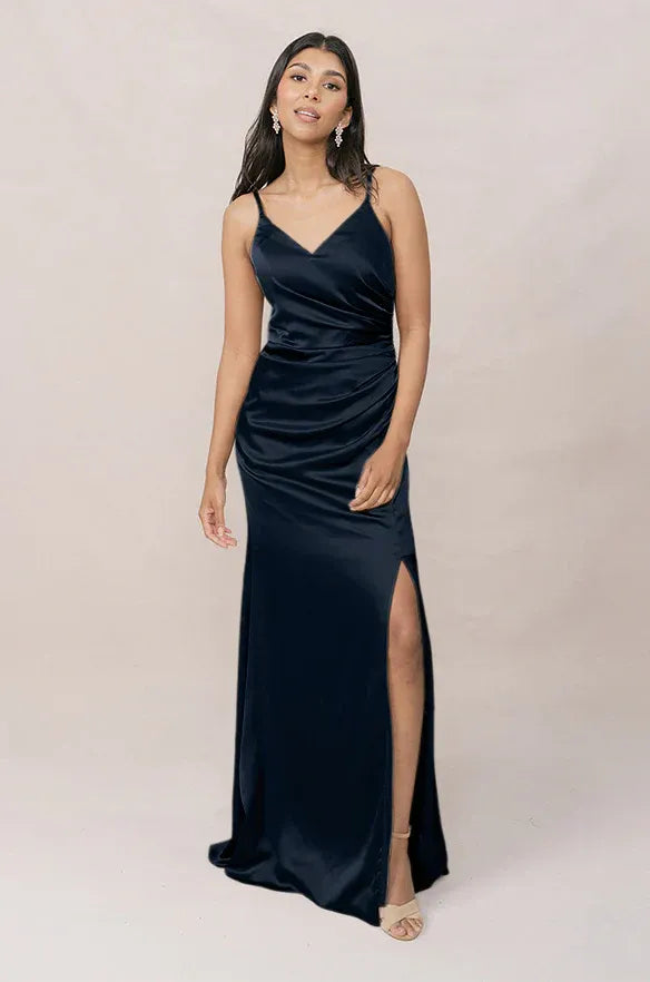 Navy Mermaid V-Neck Satin High Slit Wedding Dress - Yihuiw by Yihuiw