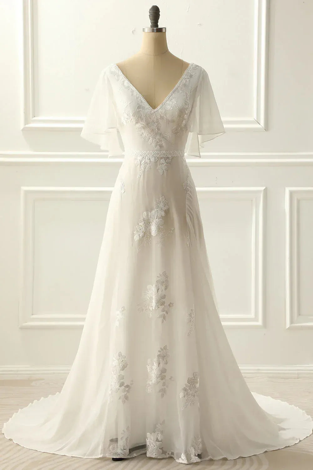 A-Line Chiffon Short Sleeve Train Mini Wedding Dress - Yihuiw by Yihuiw