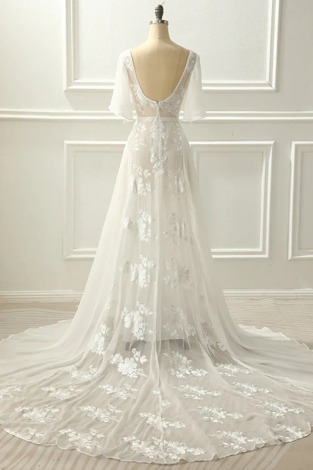 A-Line Chiffon Short Sleeve Train Mini Wedding Dress - Yihuiw by Yihuiw