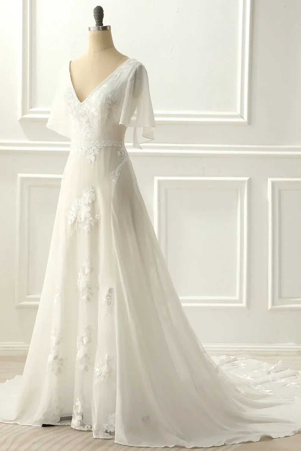 A-Line Chiffon Short Sleeve Train Mini Wedding Dress - Yihuiw by Yihuiw