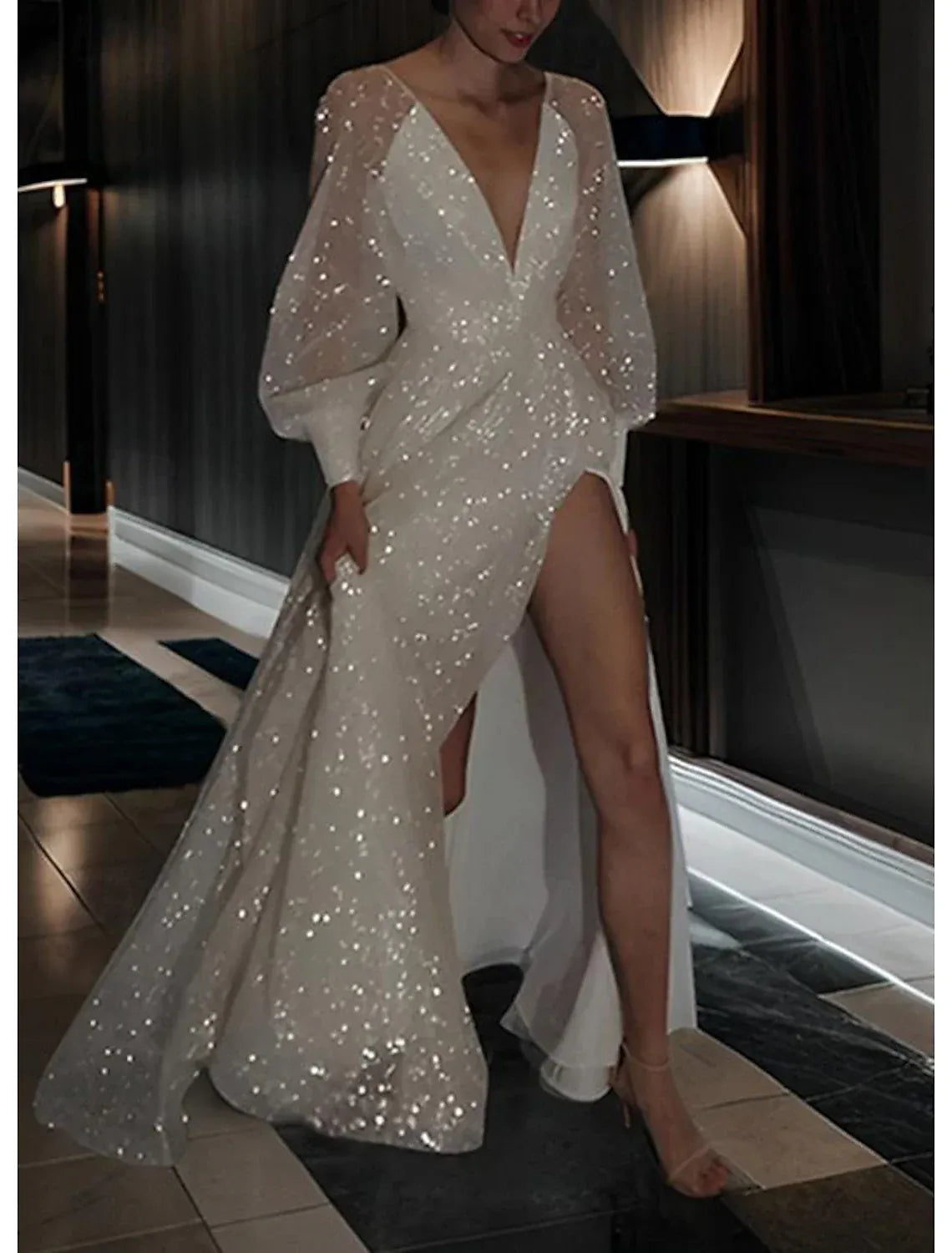 A-Line Tulle Long Sleeve High Slit Wedding Dress - Yihuiw by Yihuiw