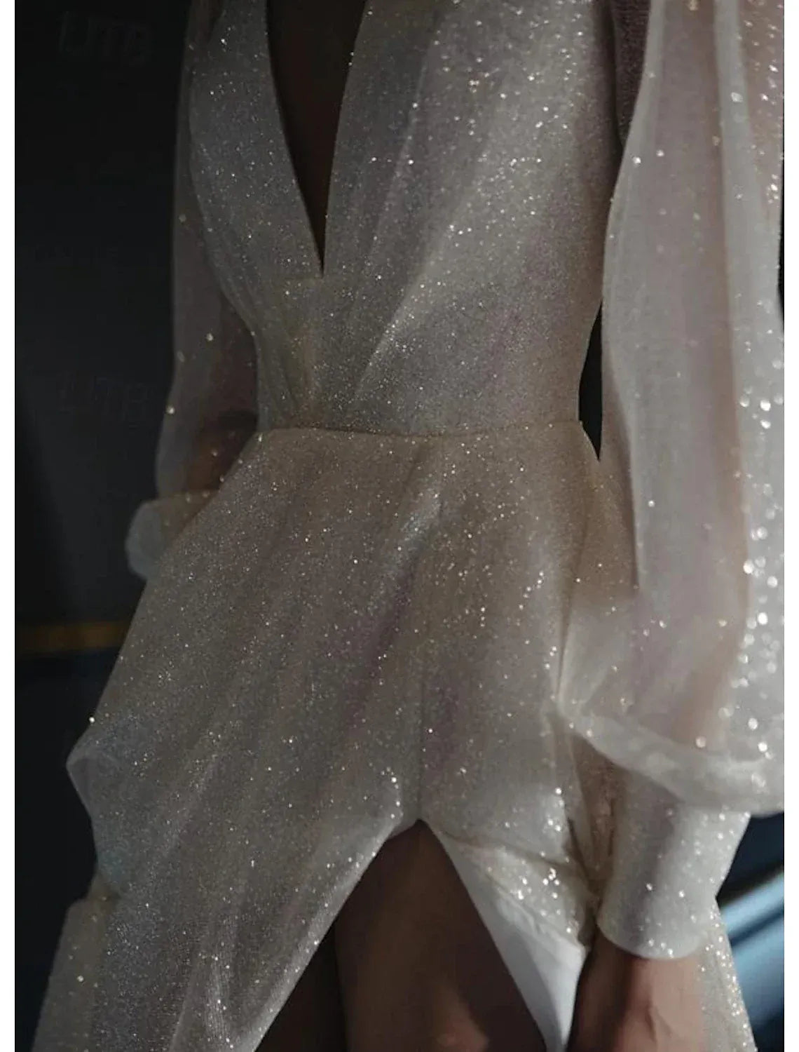 A-Line Tulle Long Sleeve High Slit Wedding Dress - Yihuiw by Yihuiw